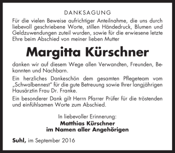 Traueranzeige von Margitta Kürschner von Südthüringer Presse