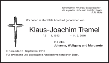Traueranzeige von Klaus-Joachim Tremel von Neue Presse Coburg