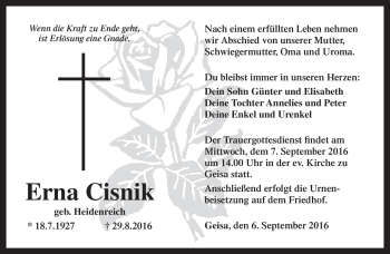 Traueranzeige von Erna Cisnik von Südthüringer Presse