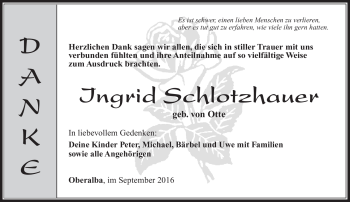 Traueranzeige von Ingrid Schlotzhauer von Südthüringer Presse