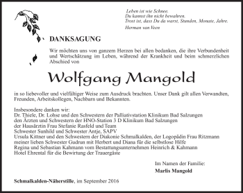 Traueranzeige von Wolfgang Mangold von Südthüringer Presse