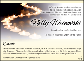 Traueranzeige von Nelly Weinovksi von Südthüringer Presse
