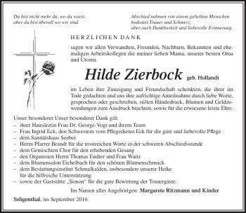 Traueranzeige von Hilde Zierbock von Südthüringer Presse