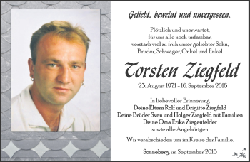 Traueranzeige von Torsten Ziegfeld von Südthüringer Presse