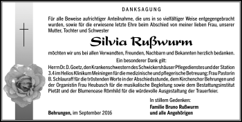 Traueranzeige von Silvia Rußwurm von Südthüringer Presse