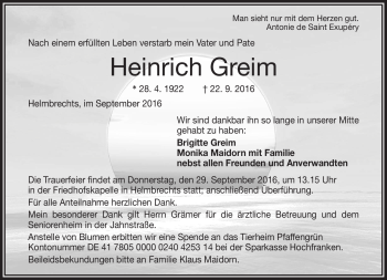 Traueranzeige von Heinrich Greim von Frankenpost
