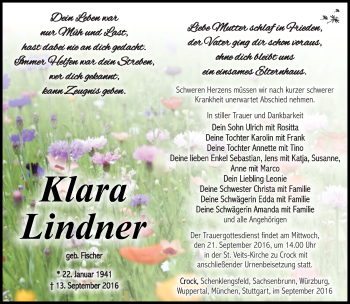 Traueranzeige von Klara Lindner von Südthüringer Presse