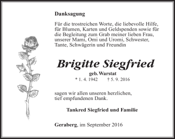 Traueranzeige von Brigitte Siegfried von Südthüringer Presse