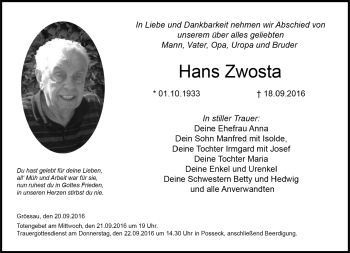 Traueranzeige von Hans Zwosta von Neue Presse Coburg