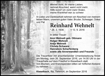 Traueranzeige von Reinhard Wehnelt von Südthüringer Presse