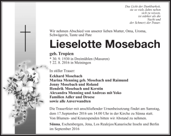 Traueranzeige von Lieselotte Mosebach von Südthüringer Presse