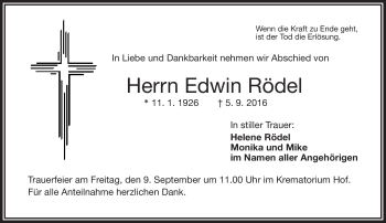 Traueranzeige von Edwin Rödel von Frankenpost
