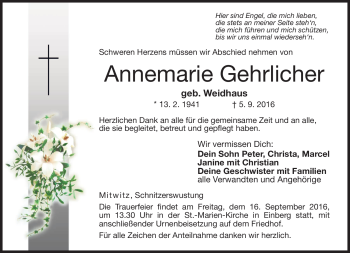 Traueranzeige von Annemarie Gehrlicher von Neue Presse Coburg