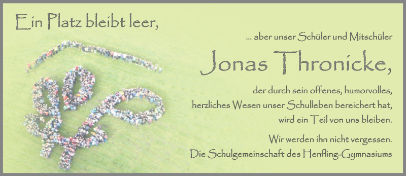  Traueranzeige für Jonas Thronicke vom 03.09.2016 aus Südthüringer Presse