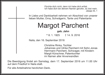 Traueranzeige von Margot Parchent von Frankenpost