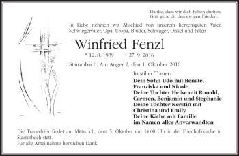 Traueranzeige von Winfried Fenzel von Frankenpost