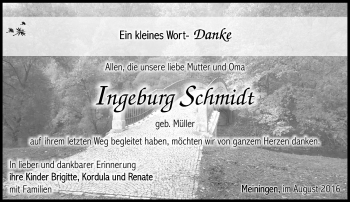 Traueranzeige von Ingeburg Schmidt von Südthüringer Presse