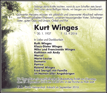 Traueranzeige von Kurt Winges von Südthüringer Presse