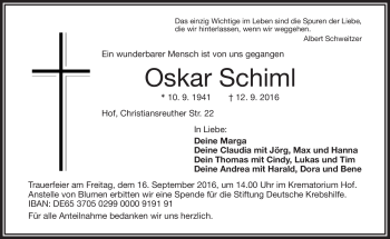 Traueranzeige von Oskar Schiml von Frankenpost