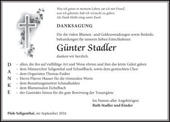 Traueranzeige von Günter Stadler von Südthüringer Presse
