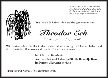 Traueranzeige von Theodor Eck von Südthüringer Presse