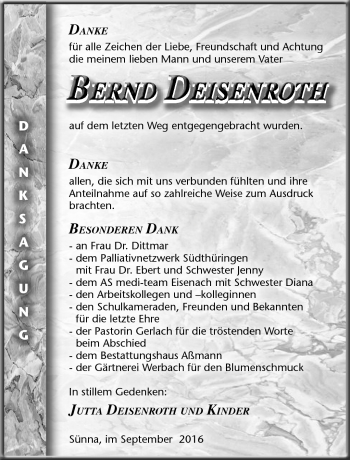 Traueranzeige von Bernd Deisenroth von Südthüringer Presse