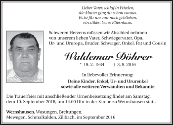 Traueranzeige von Waldemar Döhrer von Südthüringer Presse