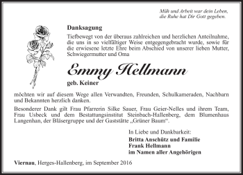 Traueranzeige von Emmy Hellmann von Südthüringer Presse