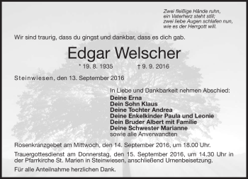 Traueranzeige von Edgar Welscher von Neue Presse Coburg
