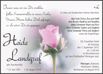 Traueranzeige von Heide Landgraf von Südthüringer Presse