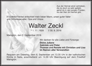 Traueranzeige von Walter Zeckl von Frankenpost