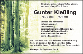 Traueranzeige von Gunter Kießling von Südthüringer Presse