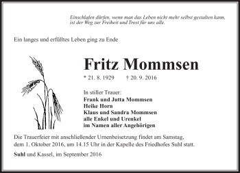 Traueranzeige von Fritz Mommsen von Südthüringer Presse