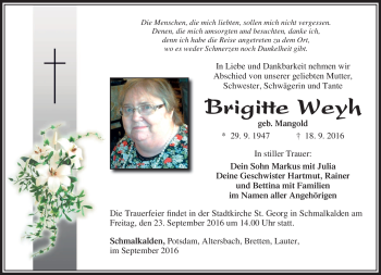 Traueranzeige von Brigitte Weyh von Südthüringer Presse
