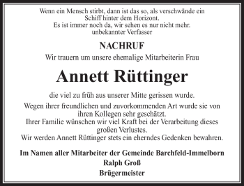 Traueranzeige von Annett Rüttinger von Südthüringer Presse