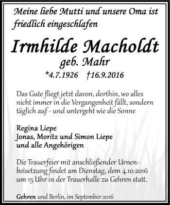 Traueranzeige von Irmhilde MAcholdt von Südthüringer Presse