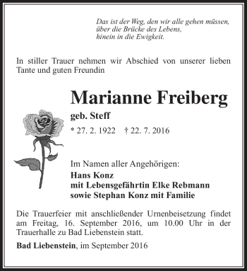 Traueranzeige von Marianne Freiberg von Südthüringer Presse