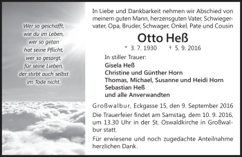 Traueranzeige von Otto Heß von Neue Presse Coburg
