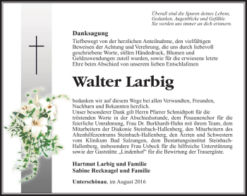 Traueranzeige von Walter Larbig von Südthüringer Presse