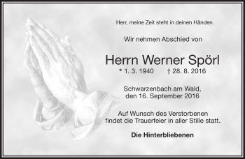 Traueranzeige von Werner Spörl von Frankenpost