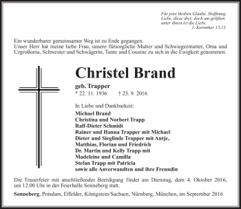 Traueranzeige von Christel Brand von Südthüringer Presse