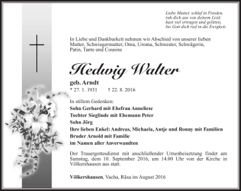 Traueranzeige von Hedwig Walter von Südthüringer Presse