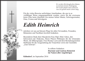 Traueranzeige von Edith Heimrich von Südthüringer Presse