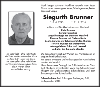 Traueranzeige von Siegurth Brunner von Südthüringer Presse