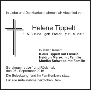 Traueranzeige von Helene Tippelt von Neue Presse Coburg