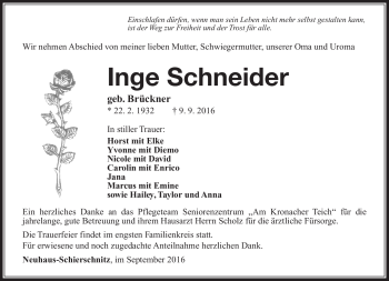 Traueranzeige von Inge Schneider von Südthüringer Presse