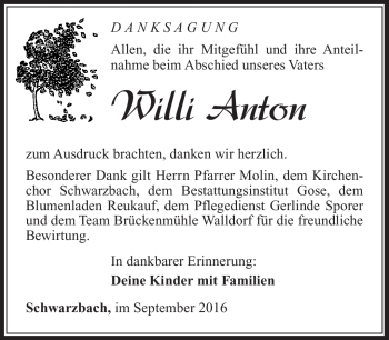 Traueranzeige von Willi Anton von Südthüringer Presse