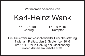 Traueranzeige von Karl-Heinz Wank von Neue Presse Coburg