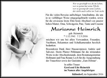 Traueranzeige von Marianne Heimrich von Südthüringer Presse