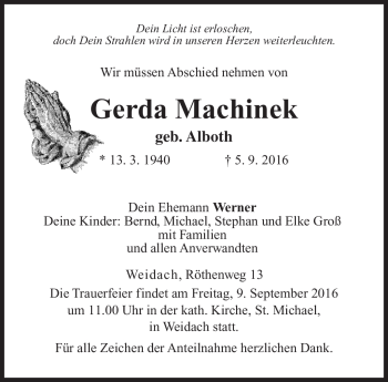 Traueranzeige von Gerda Machinek von Neue Presse Coburg